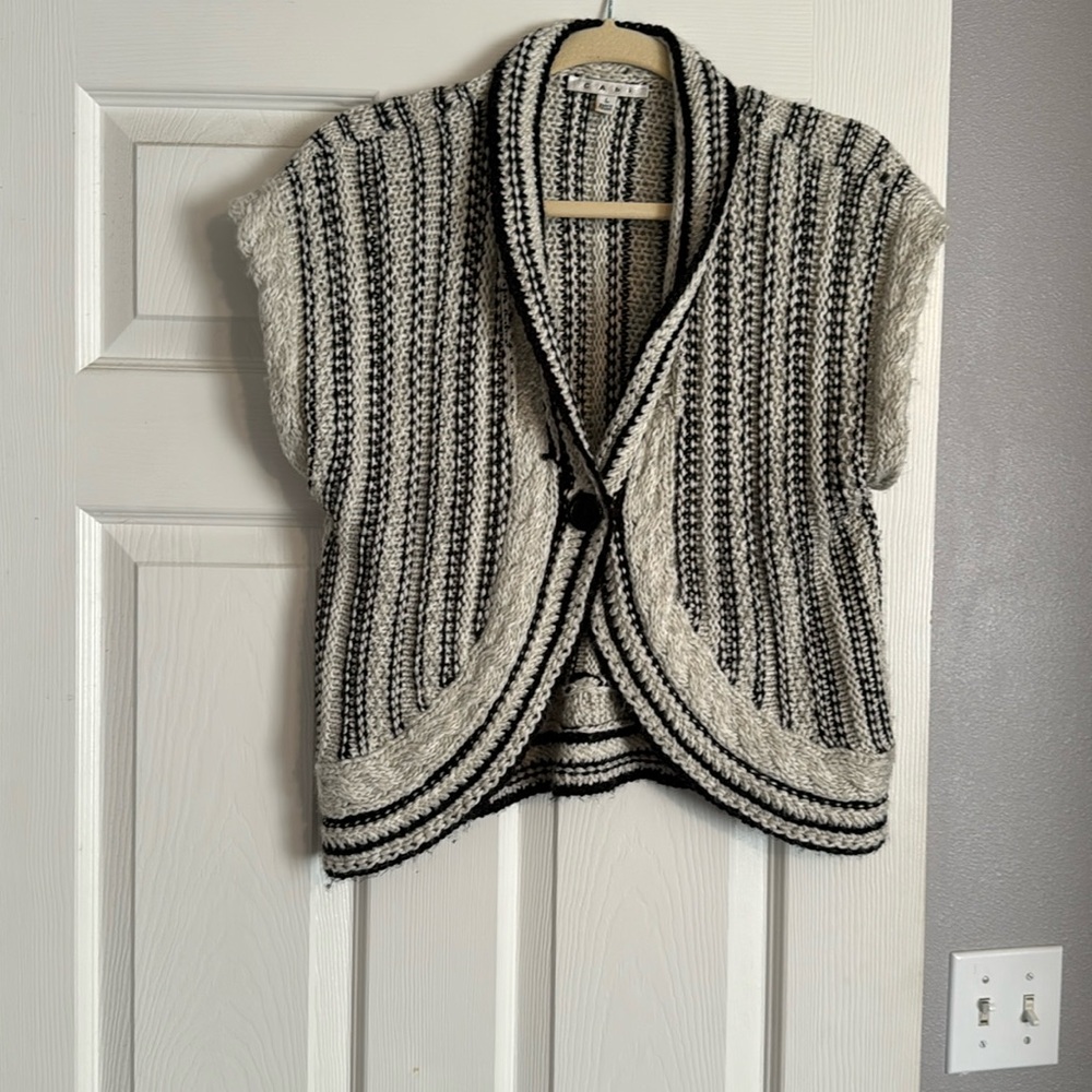 Cabi short, one button black-and-white over sweater